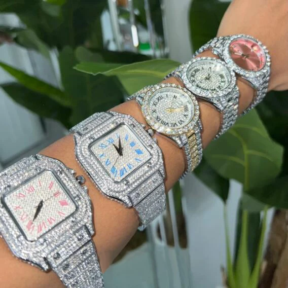2022 Fashion Jewelry  Hip Hop Diamond Watches Bling Iced Out Mens Womens Quartz Watches Luxury Pink  Dial Watch for Women Men