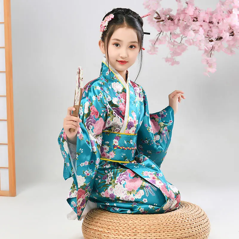 Traditional Yukata Floral Printed Children Stage Performance Costume Japanese Girl Kimono Dresses