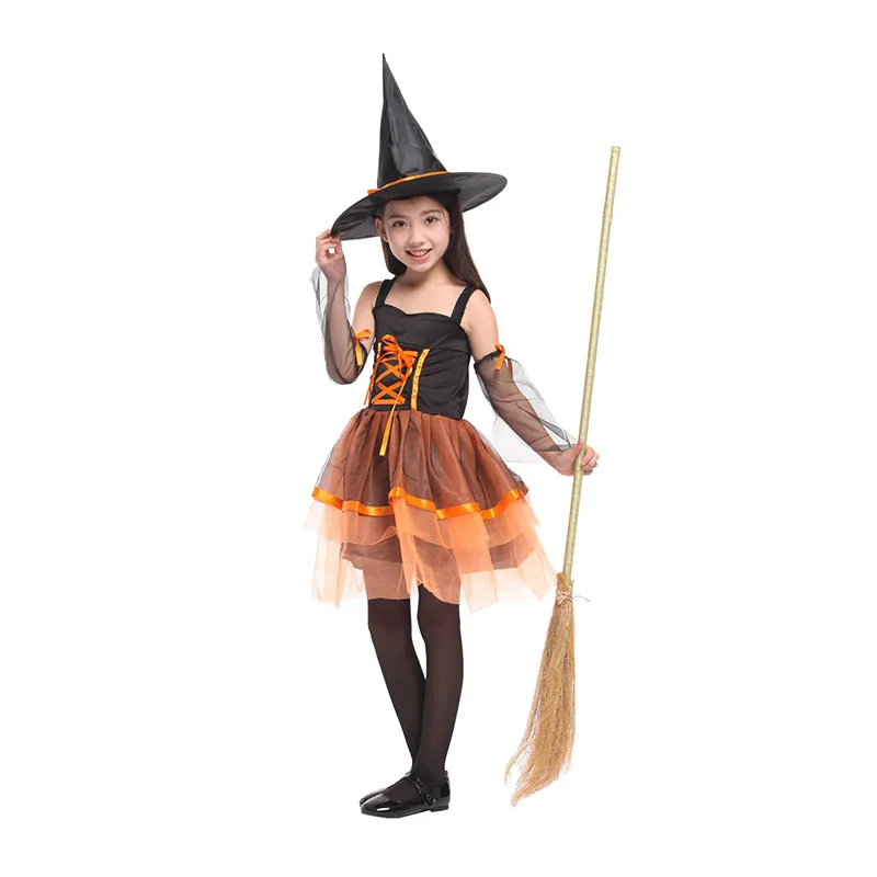 Kids Halloween Witch Vampire Magician Costume Carnival Cosplay Dress with Hat Girls Lovely Organza Witch Dress