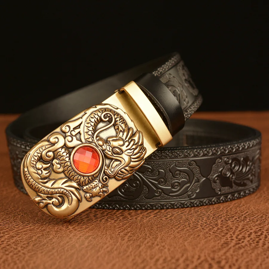 Genuine Leather Belts For Men Dragon Rhinestone Bead Automatic Buckle Belt Cowhide Designer Mens Belts