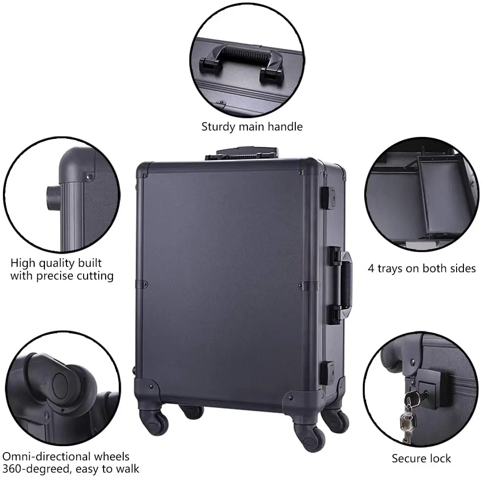 Black Studio Artist Train Rolling Makeup Case with Lights