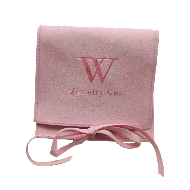 Custom Printed Embossed Pink Suede Envelope Jewelry Packaging Pouch with Strings
