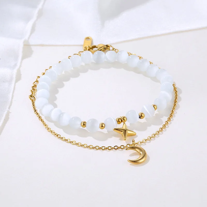 Star Moon Element Jewelry for Women Double Chain Design Light Luxury 18K Gold Plated Stainless Steel with Opal Elastic Bracelet