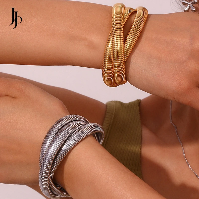 JOJO Fashion 18K Gold Plated Stainless Steel 3 Layer Elastic Bracelets for Women High Quality Jewelry