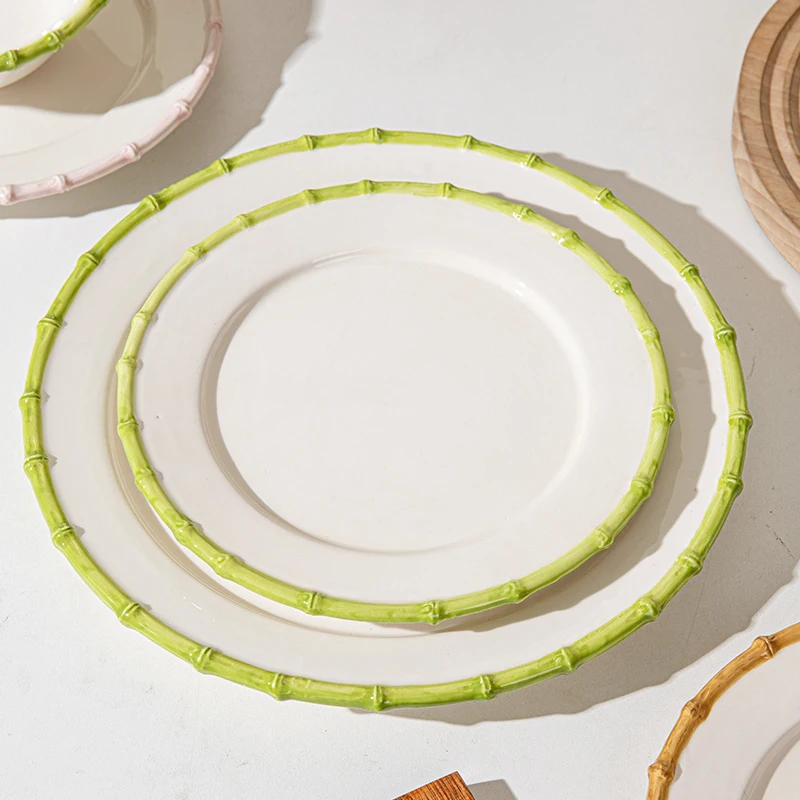 wedding event rental  dinnerware  round brown green pink ceramic porcelain dinner plate with bamboo rim