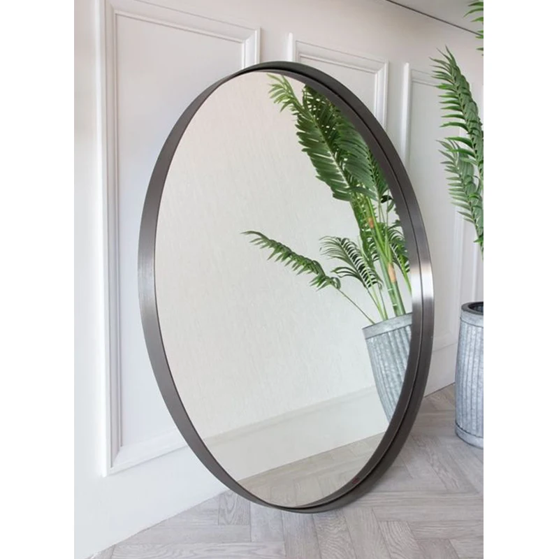 
Round decorative grey metal framed wall mirror with recessed design 