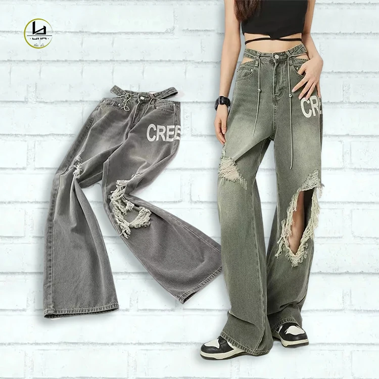 Custom women loose boyfriend denim long trousers ladies trendy baggy ripped stacked straight pants plus size wide leg mom jeans