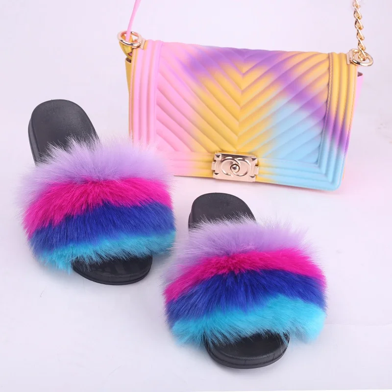 
New Women Fashionable Fluffy Fox Fur Sandals Slippers No Slip and Jelly Bag Set 