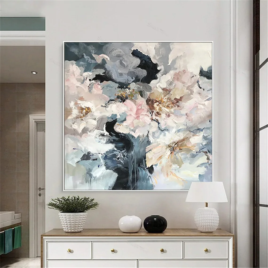Impression pink flower oil painting hand painting on canvas wall decor square Horizontal Colorful Floral Painting Nature art