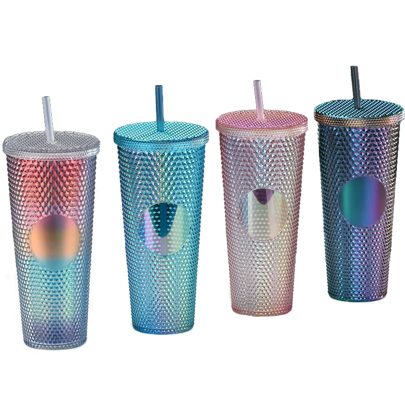 Explosive electroplating double-layer durian cup 600M plastic straw cup bright diamond starry sky straw cup