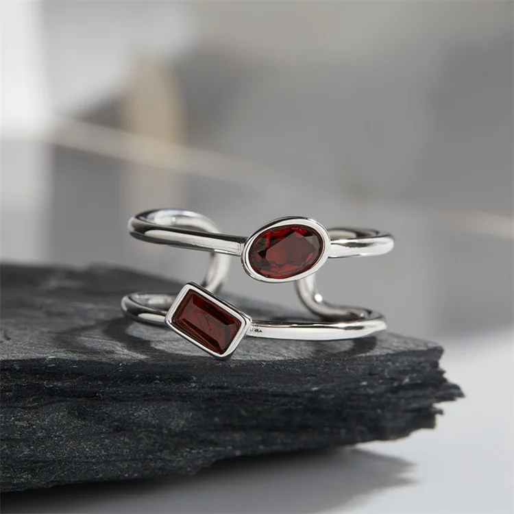 French Style Geometric Oval Garnet Square Topaz Engagement Bands 18K Gold Plated S925 Sterling Silver Jewelry Gemstone Rings