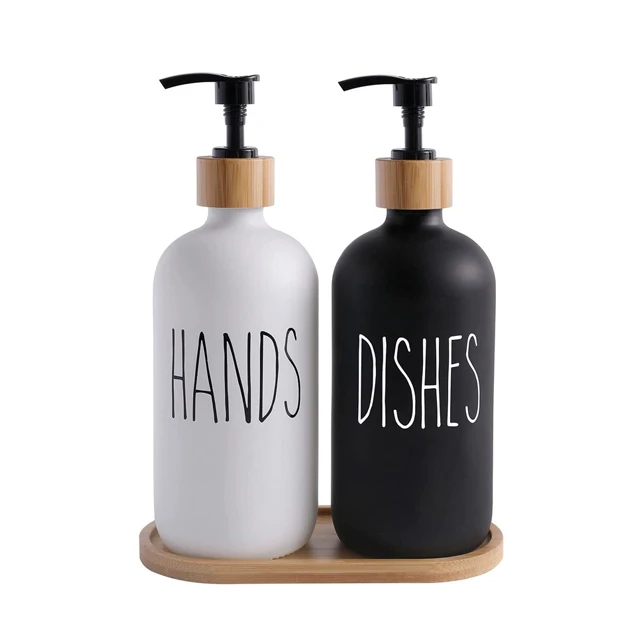 Glass Soap Dispenser Set, Dish Soap Dispenser for Kitchen Sink, Hand Soap Dispenser for Bathroom with Bamboo Pump and Soap Dish