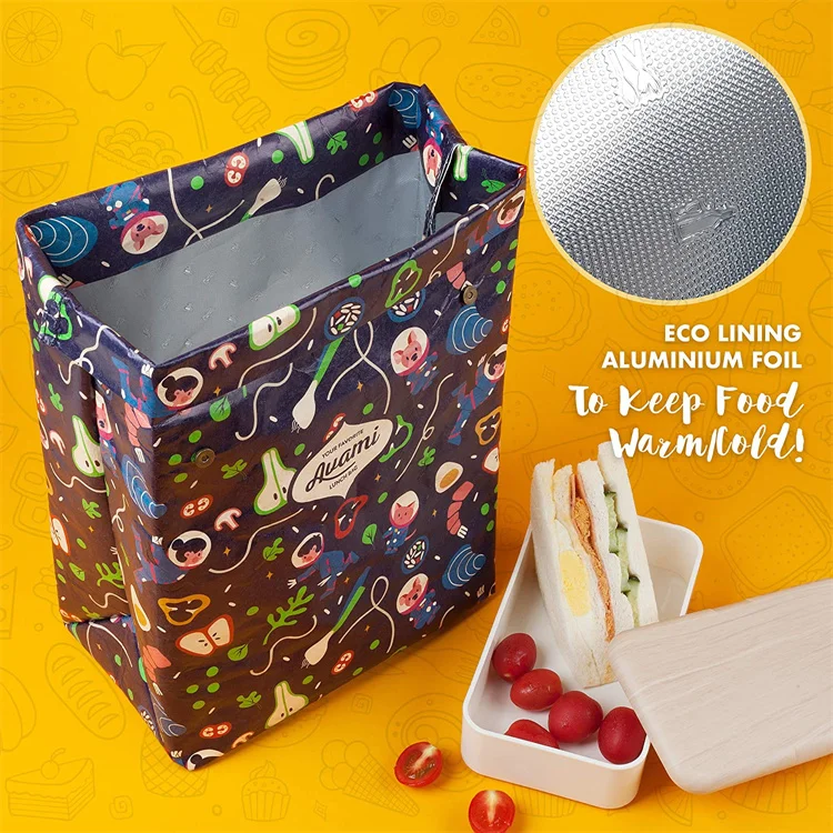 Reusable full color UV printing design tyvek custom lunch bag with gift sleeve for fruit food snack box with hidden buckle