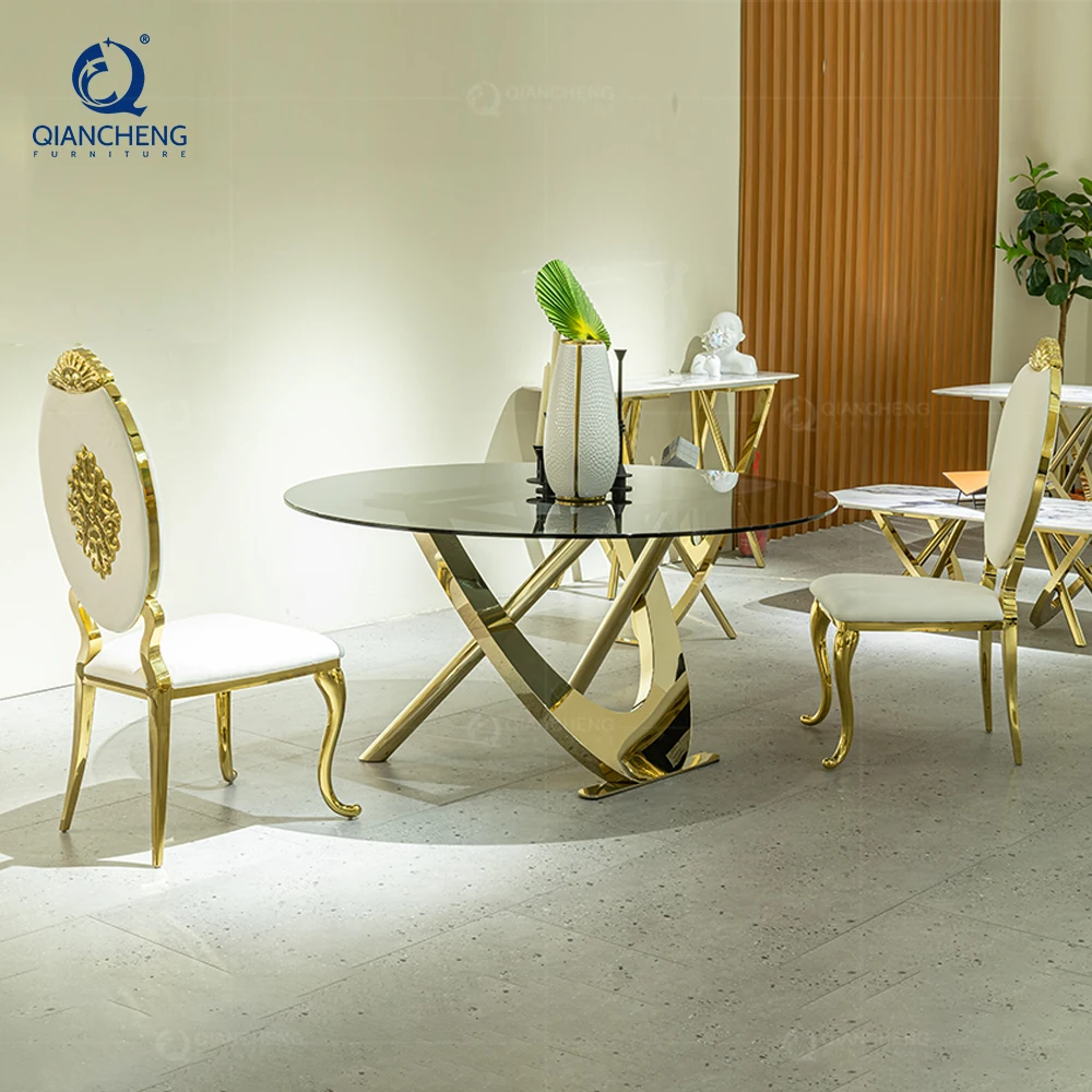 High end customization furniture luxury mini dining table set round dinning room gold furniture glass table