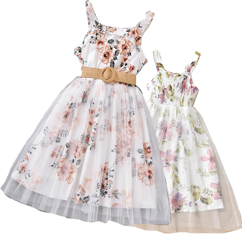 2023 Latest Kids Girl 8-12 Years Old Sweet Floral Party Casual Princess Tutu Dress With Belt Waistband Kid Clothing Baby Clothes
