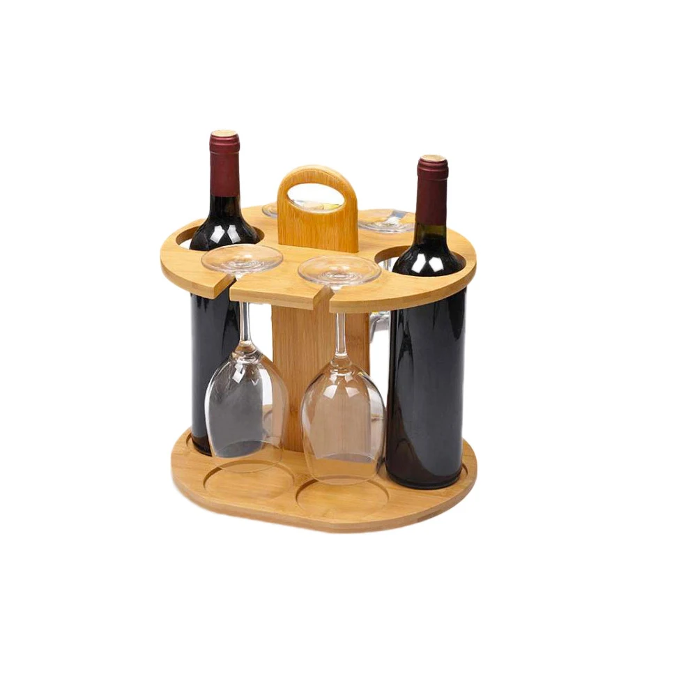 Bamboo Wine Bottle Holder Glass Cup Rack Organizer Stand Countertop Tabletop Display