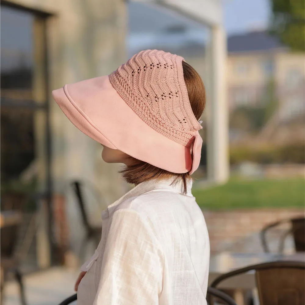 
Cross-Border Corrugated Knitting Hollow Wide Brim Bows Adjustable Visor Top Hat 