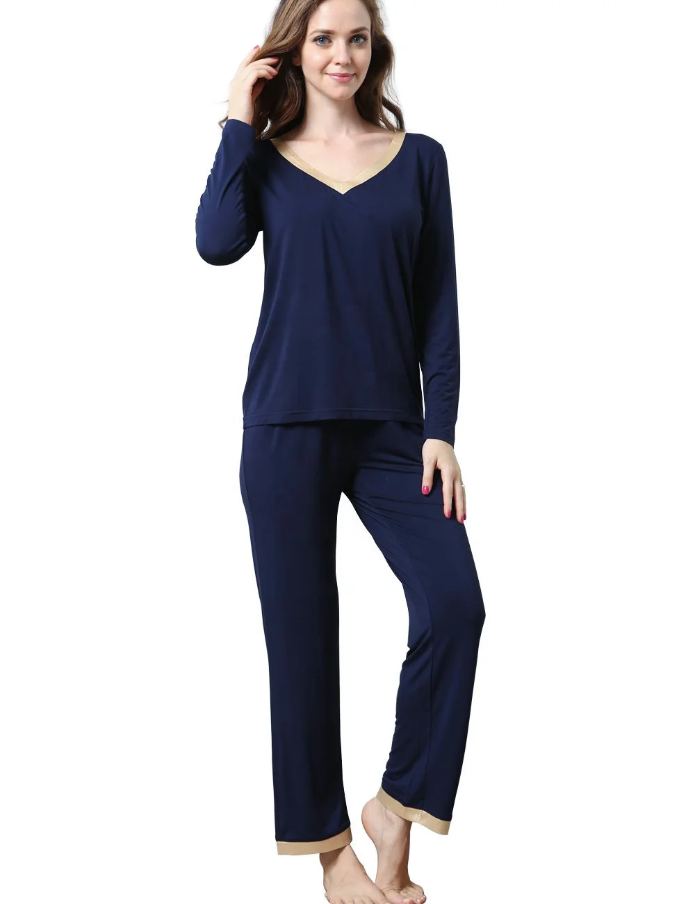 V Neck Soft Comfy Lounge Long Bamboo Sleepwear Pajamas Set