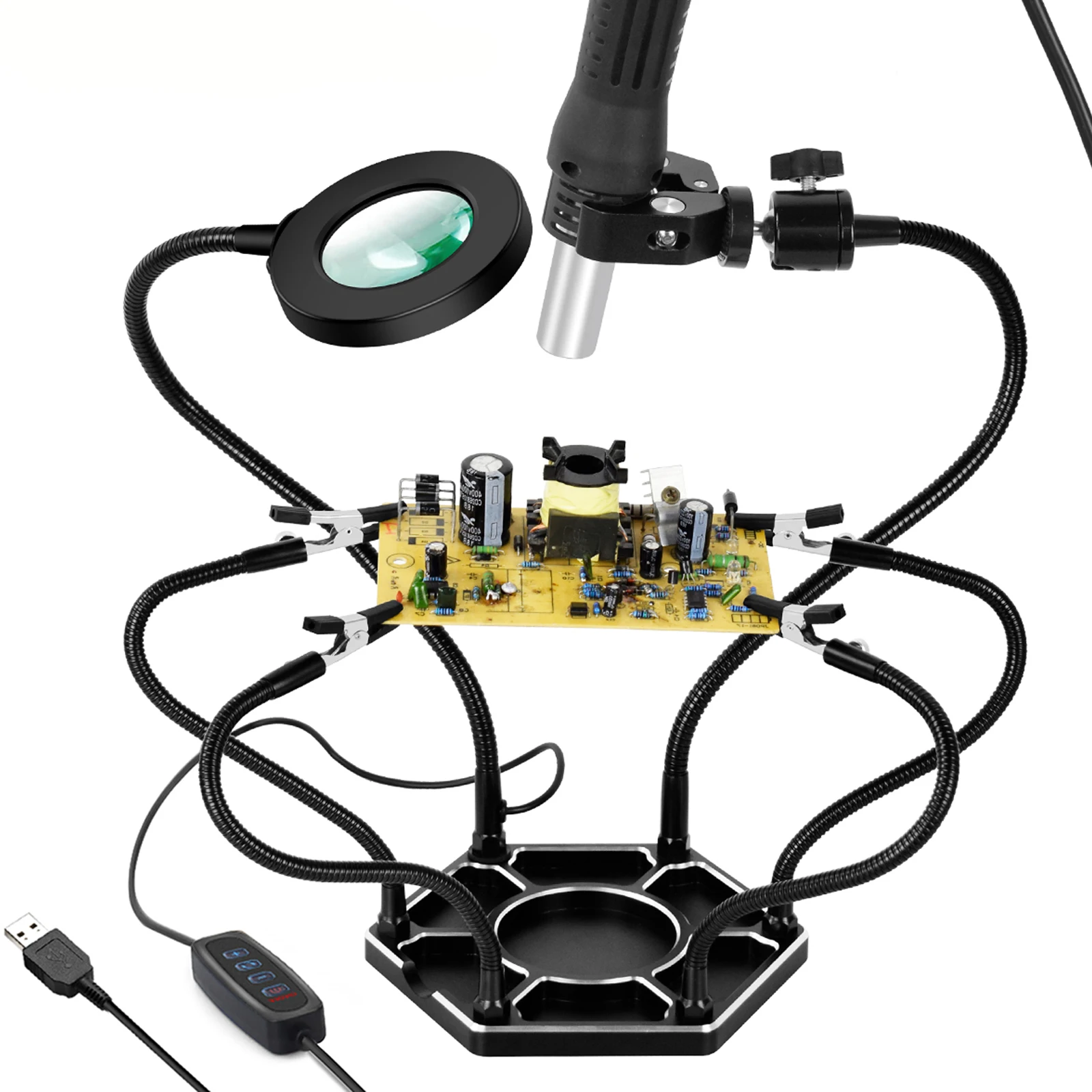 Soldering Helping Hands Third Hand Soldering Tool with 3X Magnifier Adjust PCB Holder 6 Flexible Metal Arms for Soldering Repair