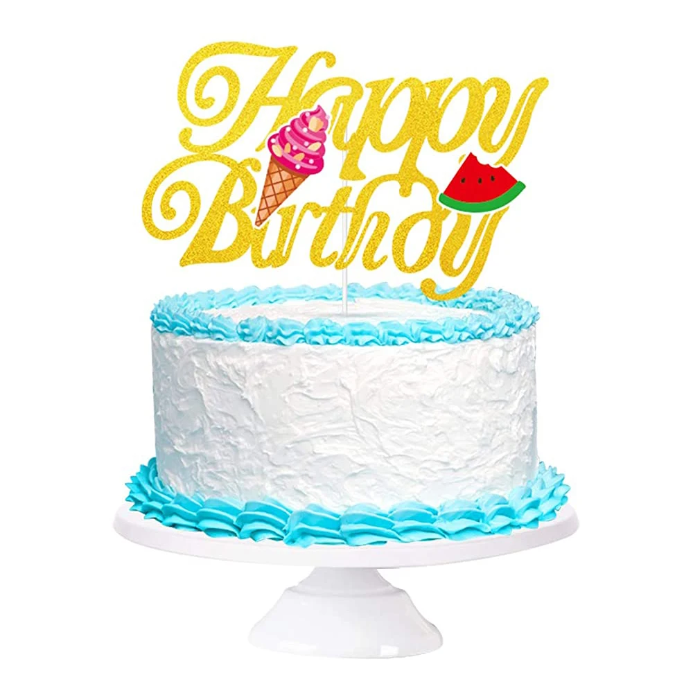 Gold Glitter 2023 Summer Birthday Decorations Happy Birthday Cake Topper Cake Decoration Tropical Party Decorations Summer party
