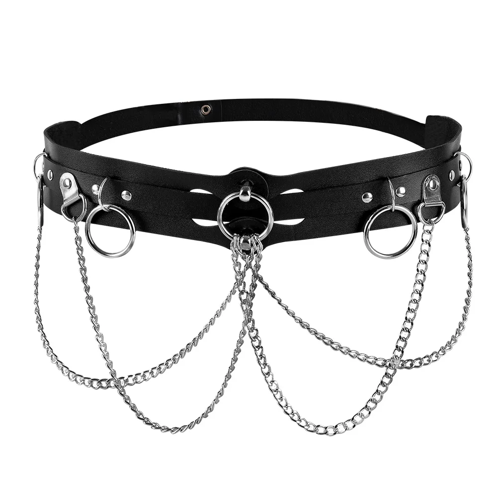 Женский кожаный ремень с цепочкой, черный ремень в готическом стиле