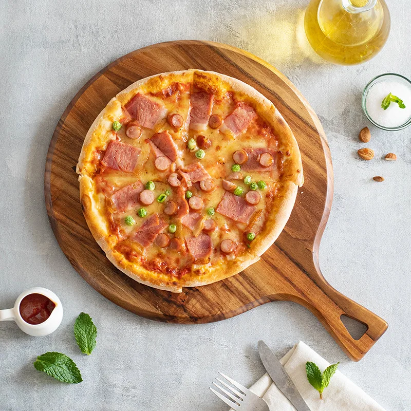 Wholesale Custom Acacia Wood round Pizza Tray Classic-Style Cheese Board with Engraving Sustainable Plate Dish for Parties