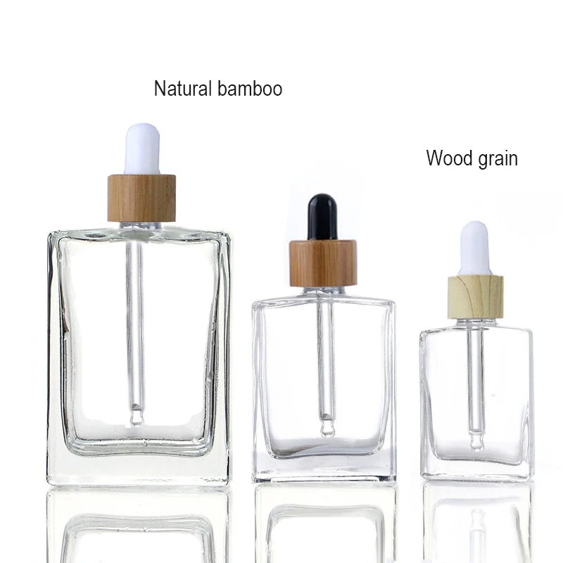 New Product 50ml 100ml Rectangular bamboo Dropper bottles square flat glass bottle for cosmetic packaging (GFD01-C)