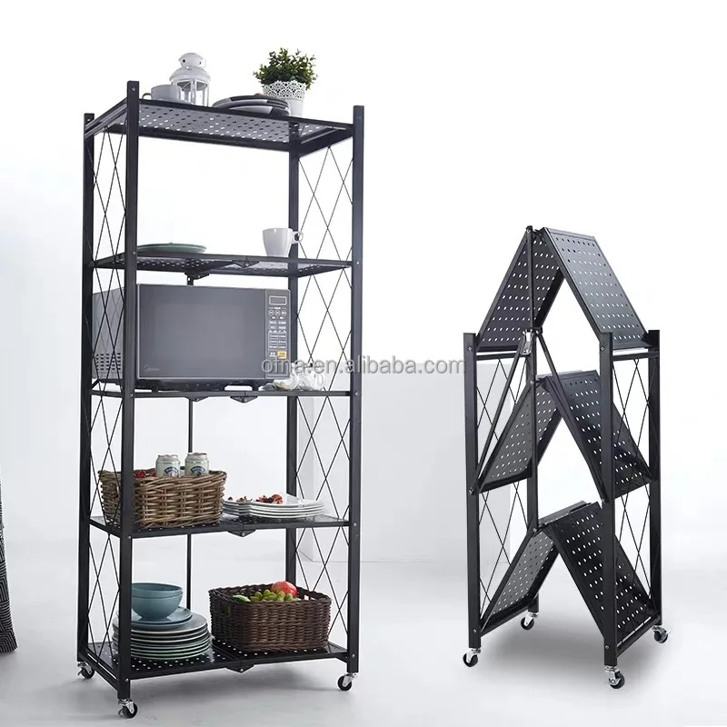 3/4 /5tier Kitchen Folding Shelf Rack For Home Storage Foldable Organizer  Metal Shelves With Wheels For Living Room