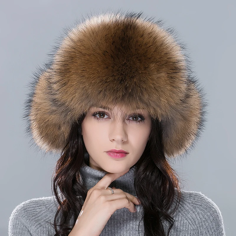 Winter Warm Real Fox Fur Women Trapper Hats  Leather Bomber Caps Russian Ushanka Earflaps Aviator Hat