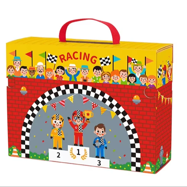 Portable Expandable Racing Game Box with Race Track, Award Podium and Simulated Racing Toys.