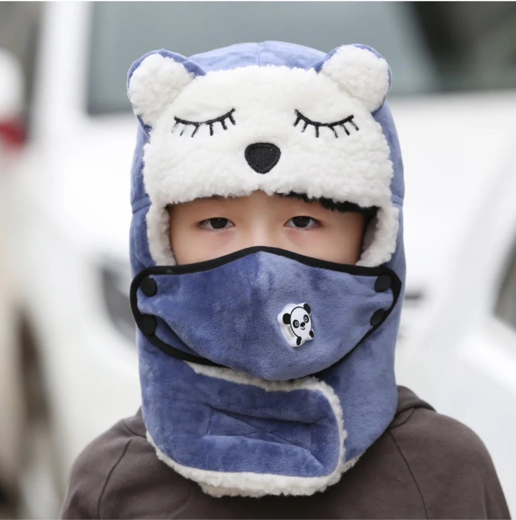 Kids Animal Warm Bomber Capss Russian Breathable Earflap Plush Trapper Ski Hat Winter Windproof Cartoon Panda Ears Hats