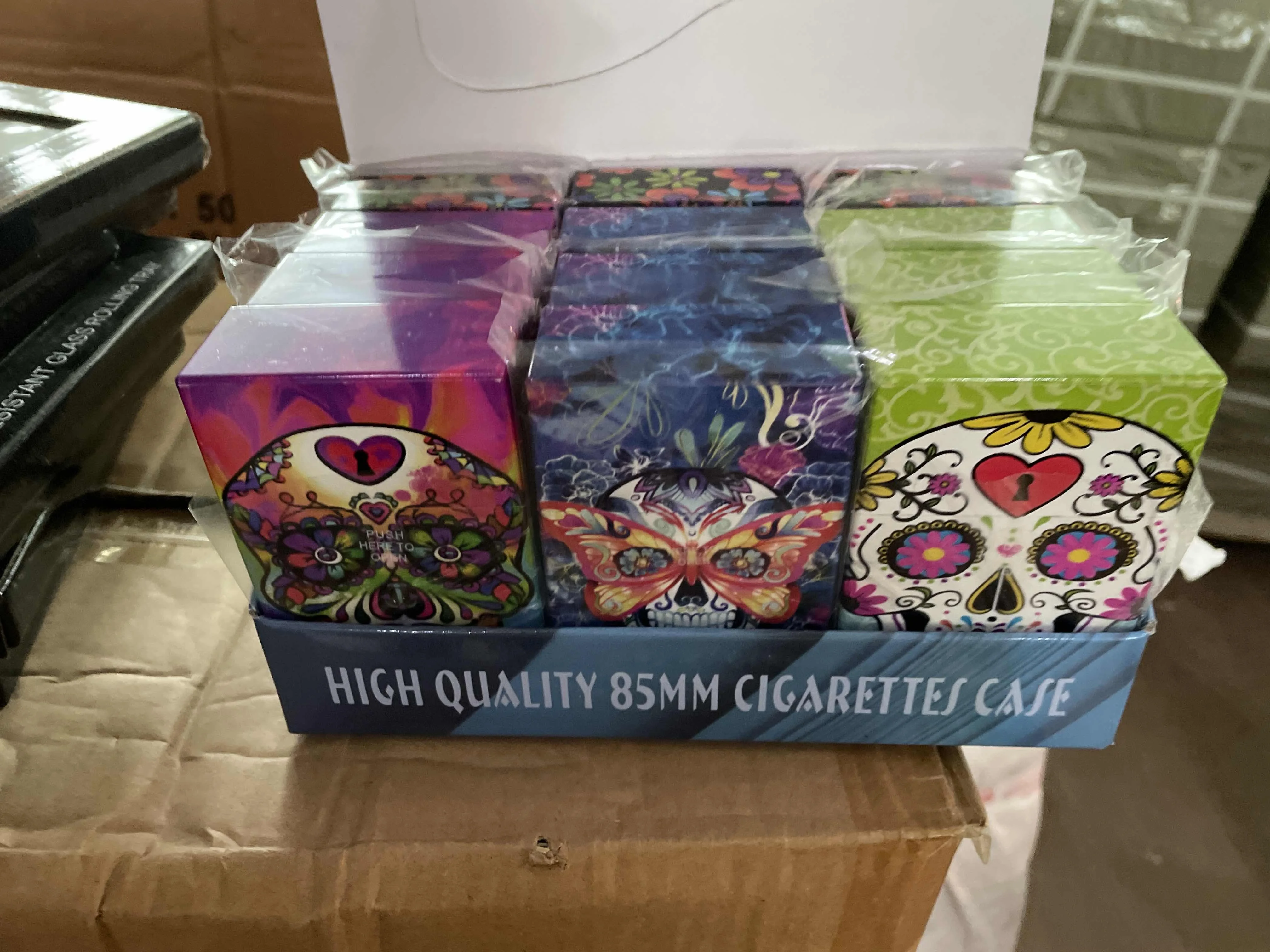 custom portable candy assorted Painted designs 85mm 110mm fancy 20 cigarettes skull pop up plastic cigarette smoking box