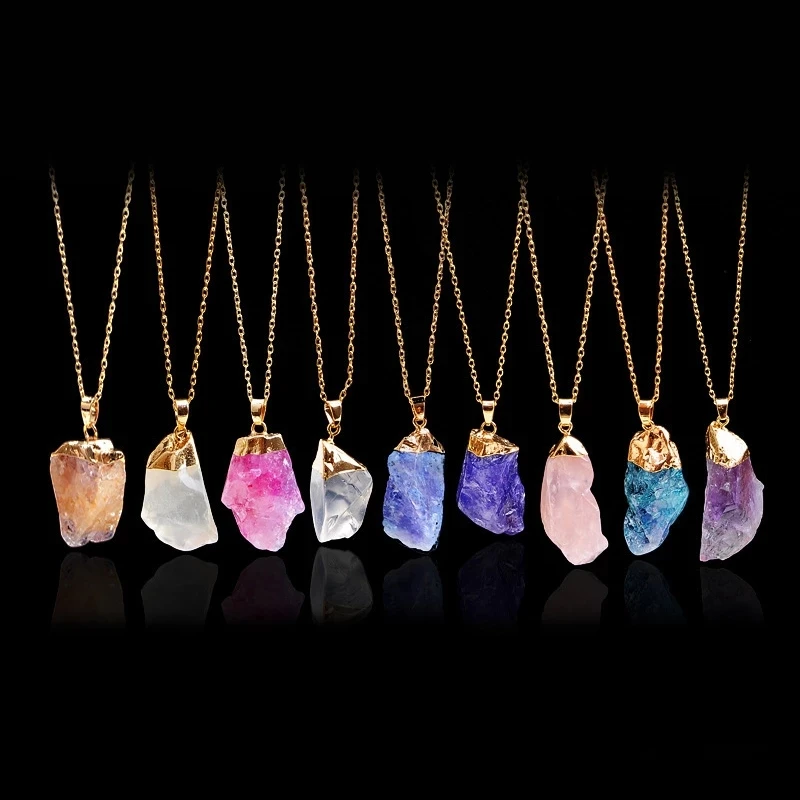 Natural Crystal Irregular Rough Stone Pendant Energy Necklace Gold Chains Pendant Crystals Healing Stones Necklace For Jewelry