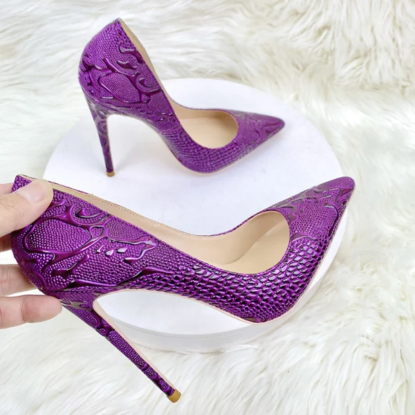 Hoslasen shoes purple embossed snake pattern 4.5 inches thin heel women fashion dress shoes office lady pumps 2022 shoes