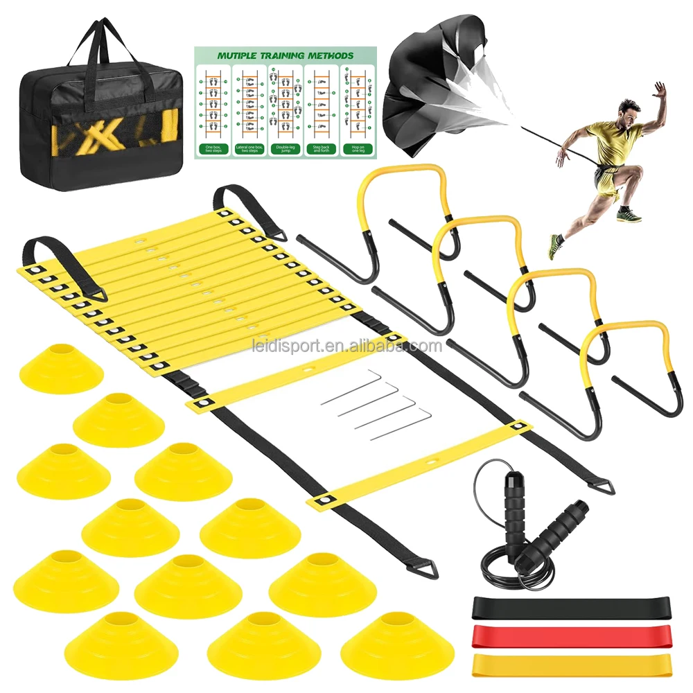 Agile Speed Training Equipment Set -20 Foot Speed Ladder, 12 Cones, 4 Adjustable Hurdles Jump Rope, Parachute Football Equipment