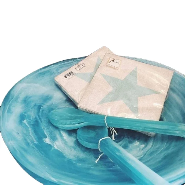 Man-made Resin salad servers handcrafted salad servers salad stir tools with marble and aqua swirl pattern used in home hotel