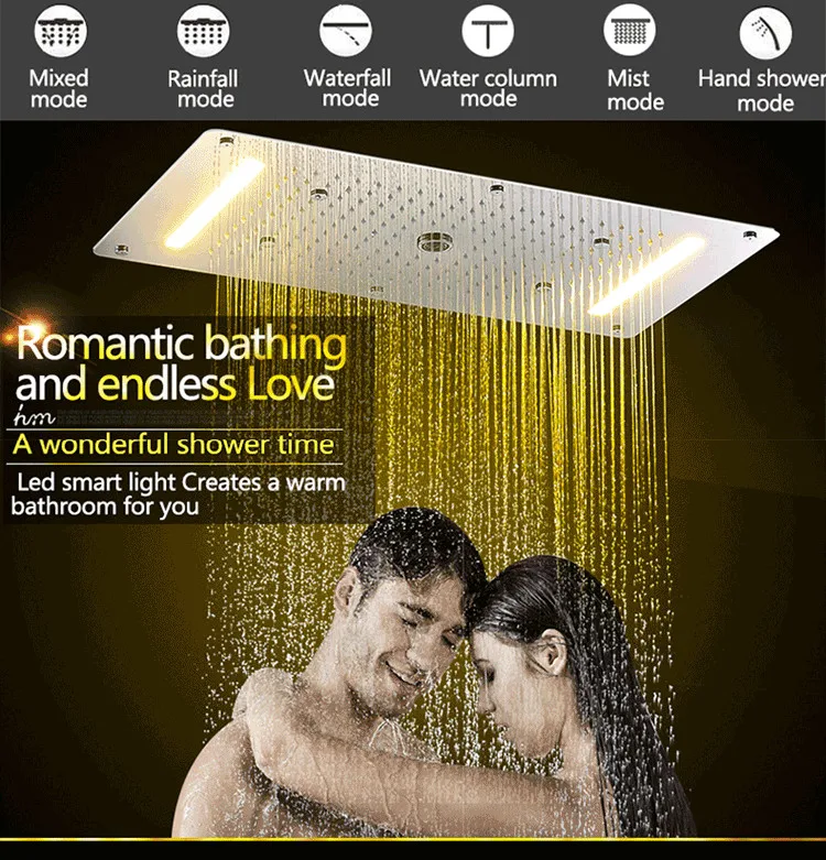 bathroom chrome ceiling mounted  stainless steel rectangular rainfall waterfall mist led shower head shower mixer set