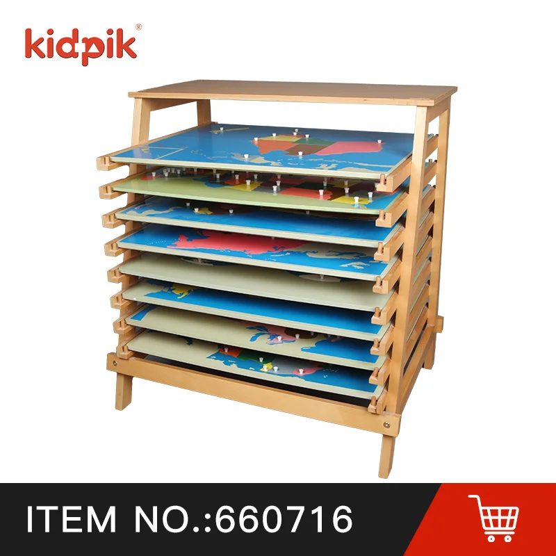 Multipurpose Montessori Educational Toys Wood Shelves Montessori Wood Frame World Map Shelf Bookshelf For Kindergarten