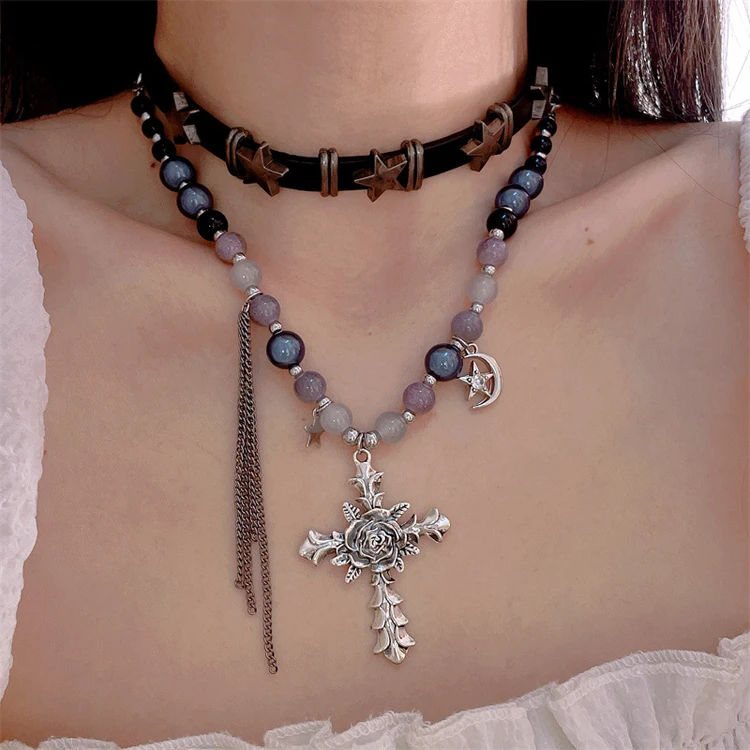 Personality retro color love star Moon pin small devil multi-layer chain necklace rabbit Cat Spider rivet collar y2k jewelry