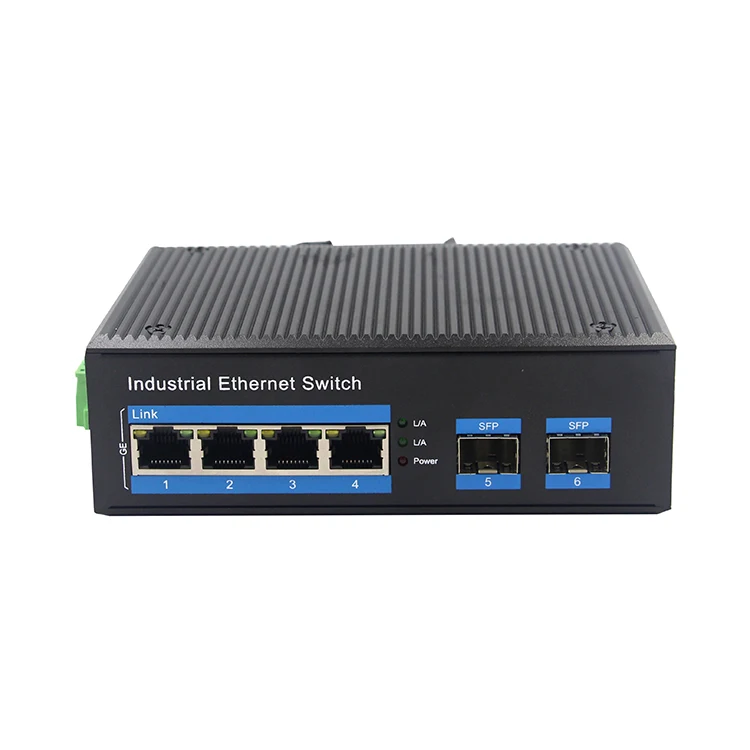 -40 to 85 IP40 6kv Surge Protection 4 Gigabit POE Port + 2 1000M SFP Port Industrial Network Switch