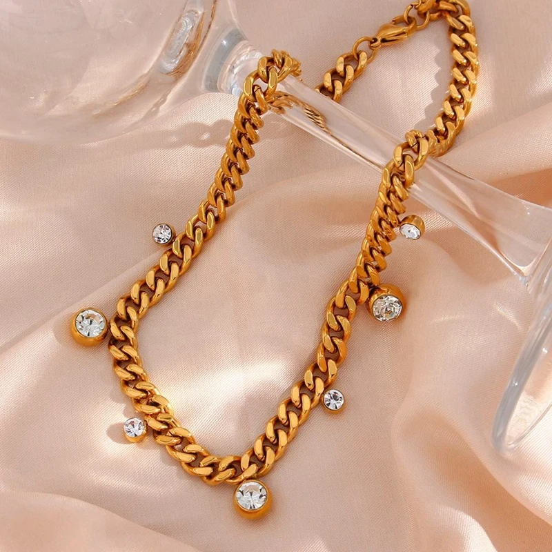 18K Gold Plated Vintage Cuban Link Chain Necklace Shining Zircon Charm Vintage  Stainless Steel 316L Choker Parties Pearl