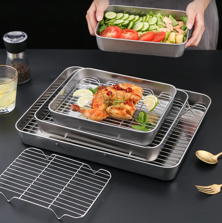 Oblong Baking Tray With Wire Rack Set Half Sheet Pan Food Grade Stainless Steel Oven Tray Mirror Finished Easy Clean for Cooking