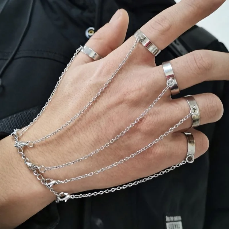Punk Geometric Silver Color Chain Wrist Bracelet For Women Men Ring Charm Set Couple Emo Fashion Jewelry Gifts Pulsera Mujer