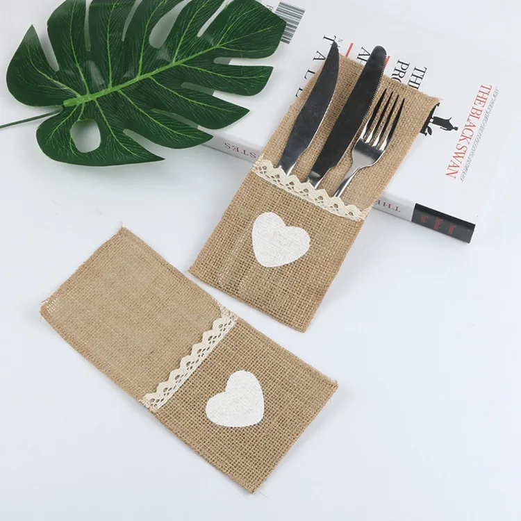 10Pcs Burlap Lace Cutlery Pouch Rustic Wedding Tableware Knife Fork Holder Bag Hessian Jute Table Decoration Accessories