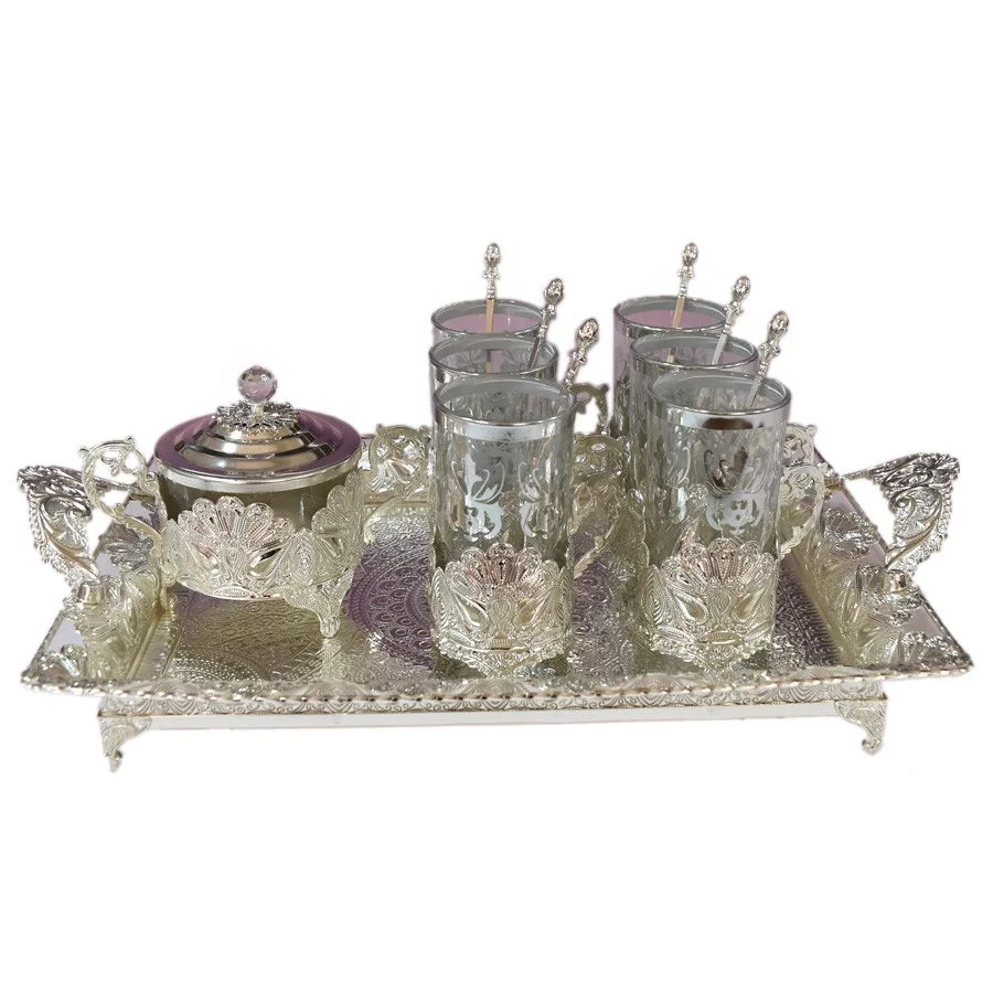Saudi Arabia Metal Gold Silver Glass Coffee Tea Cup Sugar Pot Set with Tray