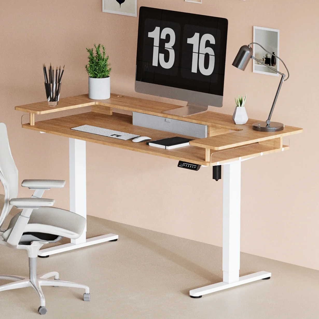 V-mounts Electric wooden desk with fabric drawer and U-shaped desktop for home office use VM-JSD5-02-ZW-U
