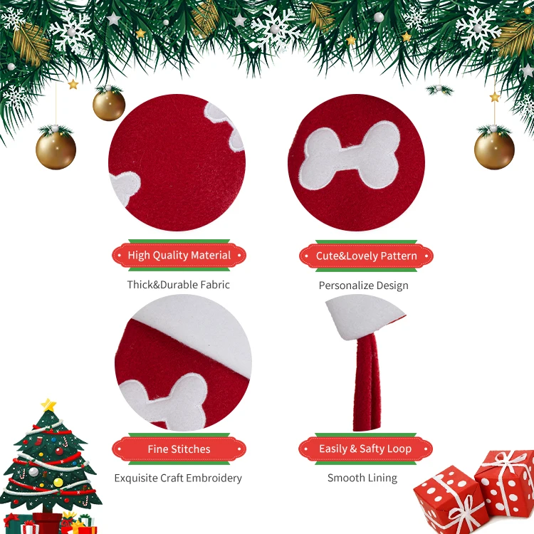 Natural Burlap Holidays Gift Bone Shaped Red and White Christmas Stocking with Hanging Hooks