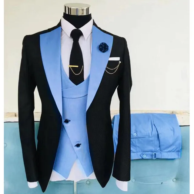 Navy Costume Homme Groom Tuxedos Men Suits Peaked Lapel Wedding Prom Terno Masculino Slim Fit Blazer 3 Pcs (Jacket+Pants+Vest)