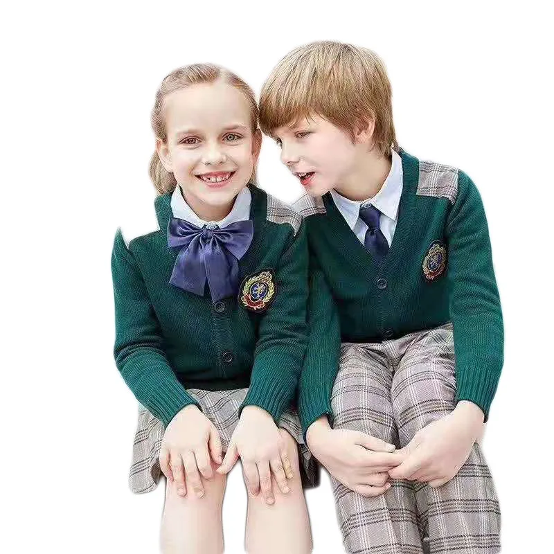 100 set custom Kids Sweater+girls pleated skirts/boys pants  kid school cardigan wholesale adult school uniforms for high school