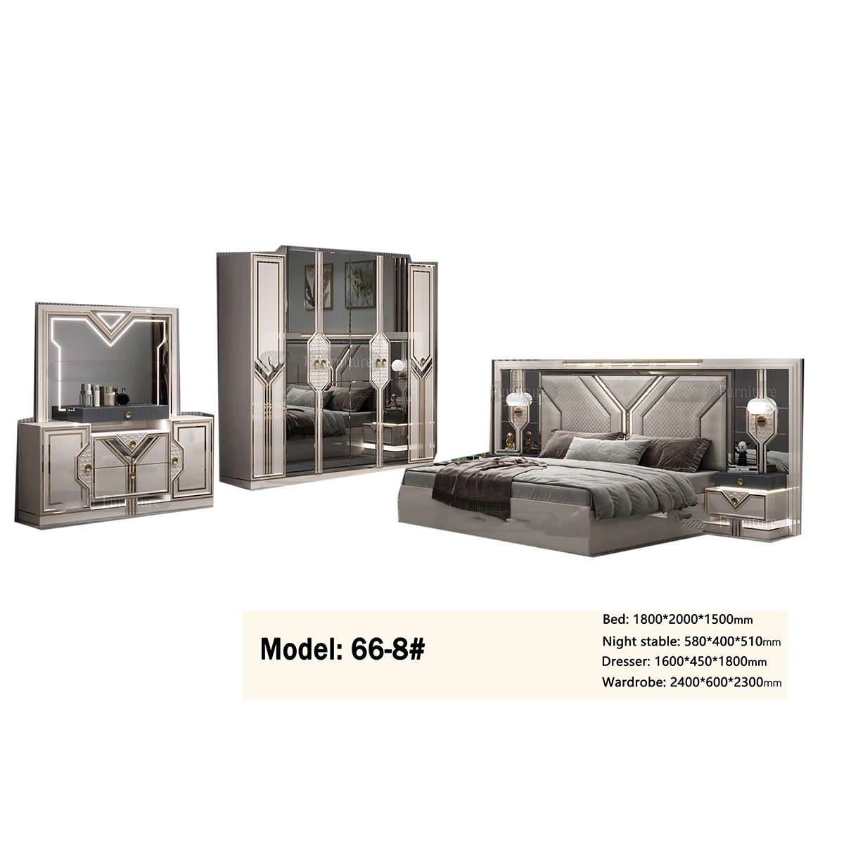 2023 New Model High Glossy Painting MDF 5pcs King Size Bedroom Set Furniture for Home